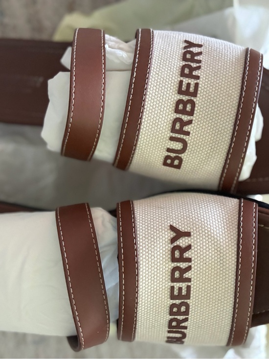 Burberry Shoes - Burberry Cream Canvas Slides with Brown Leather Trim